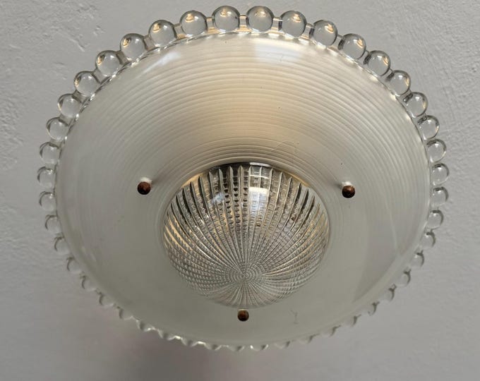 Antique 3 Chain Semi Flush Ceiling Light, 1930's White and Clear Hobnail Art Deco, Rewired and Ready to Install