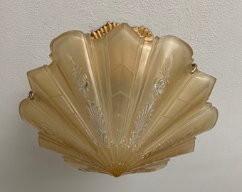 Antique Semi Flush Slip Shade Ceiling Light, Consolidated, Amber with Barbola Roses,1920's,  Rewired and Ready to Install