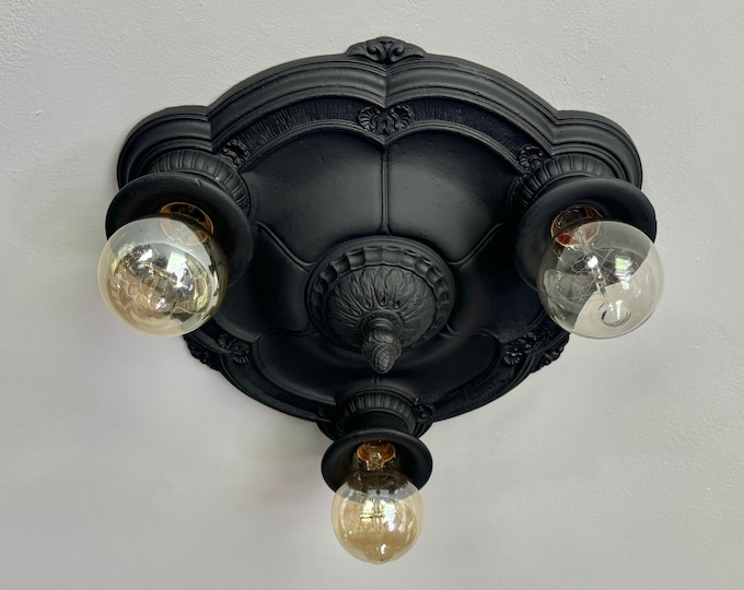 Antique Flush Mount Ceiling Fixture, 1910's Three Bulb, Charcoal Black, Ready to Install