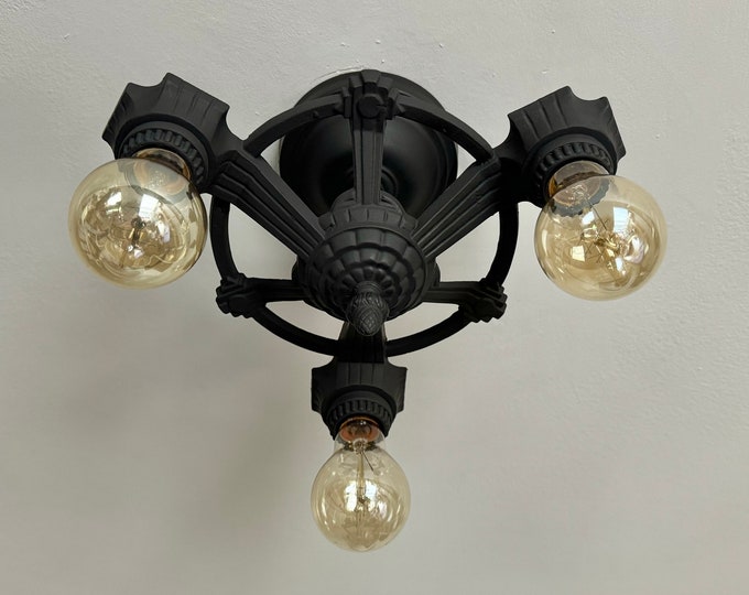 Semi Flush Mount Ceiling Fixture, 1910's Semi-Flush, Refinished Charcoal Black, Attic, Hallway, Bedroom, Kitchen, Entryway.