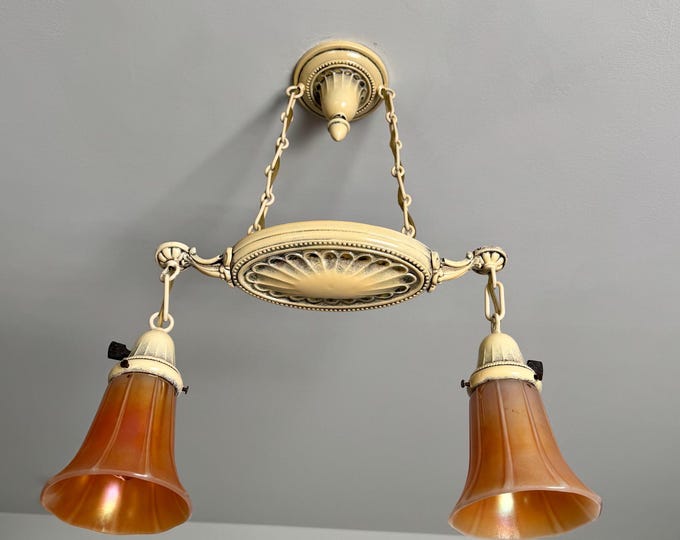 Antique 1907 Two-Tiered Hanging Fixture with Butterscotch Carnival Art Glass, Two Bulb Pressed Brass, Ivory Decor, Ready to Install