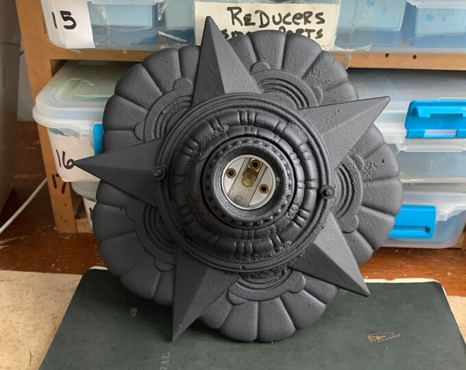 Farmhouse Flush Mount 1920's Cast Metal Ceiling Light,  Charcoal Black, Rewired, Low Profile Short Ceiling, Marked M.L.P.