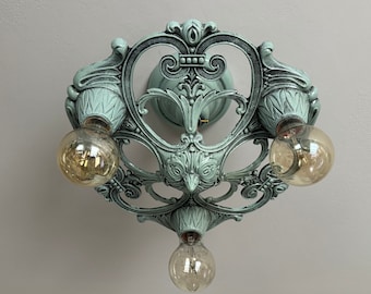 Antique Semi-Flush Mount Ceiling Light, 1910's Cast Metal, Refinished Robin Egg Blue Decor, Rewired/Ready to Install