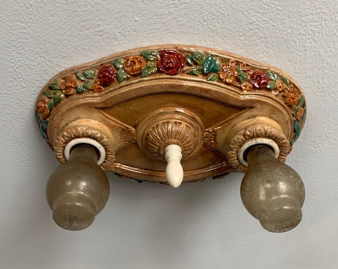 Farmhouse Flush Mount Light Fixture, 1907 Cast Plaster with Barbola Roses, Rewired, Original Summer Wheat Decor/Jade Accents, Retouched