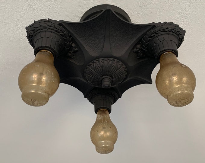 Semi Flush Mount Cast Iron Ceiling Light, 1910's Art Deco, Markel Web Design, Charcoal Black, Rewired, Low Profile Short Ceiling