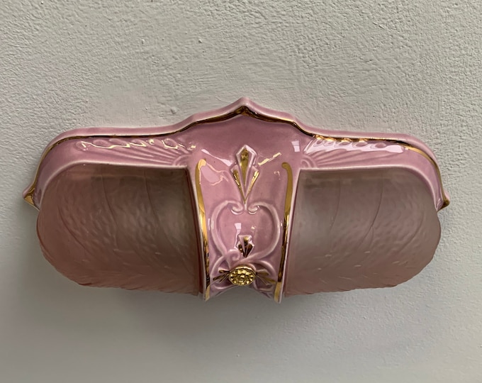 Lavender Antique Flush Mount Slip Shade Ceiling Fixture, 2 Light, Restored, Porcelain with Lavender Slip Shades, Porcelier