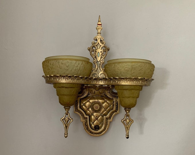 Antique Slip Shade Wall Sconce, 1910's Two Bulb, Retouched/Rewired, Honey-Amber Glass Shades, Beardslee