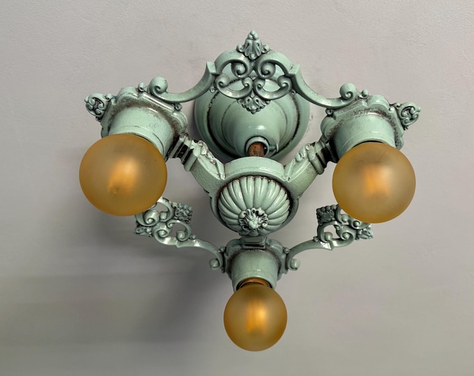 Farmhouse Semi Flush Mount Light Fixture, 1920's Riddle Company, Refinished Robin Egg Blue, Rewired and Ready to Install