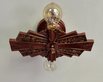 Antique Bulb-thru-Base Semi-Flush Mount Light Fixture, Copper Finish w/ Tarnished Brass Plates, Rewired Ready to Install, 1910's Halcolite