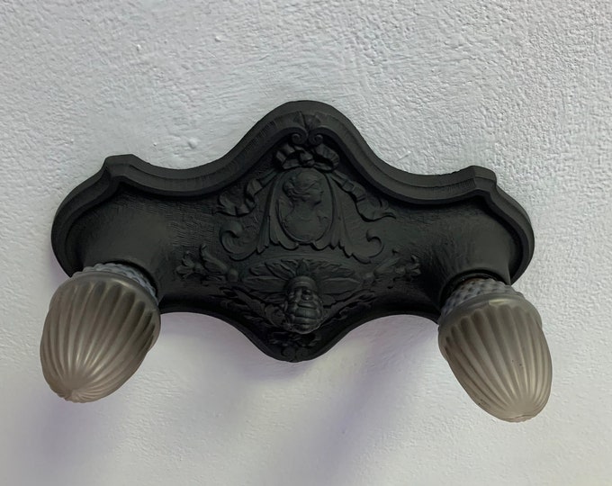 Antique Heavy Cast Iron Flush Mount Ceiling Fixture, 1910's Two Bulb with Cameo Bust, Charcoal Black