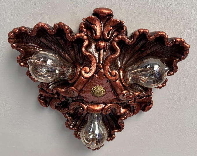 1907 Cast Plaster Flush Mount Light Fixture,  3 Bulb Victorian Clam Shell, Copper Decor, Restored and Ready to Install