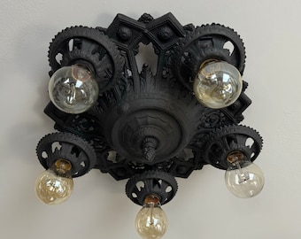 1910's Flush-Mount Ceiling Fixture, Art Deco/Nouveau Mix, Antique Lighting, 5 Bulb Rewired/Refinished in Charcoal Black