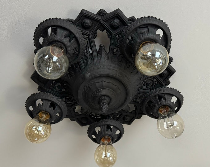 1910's Flush-Mount Ceiling Fixture, Art Deco/Nouveau Mix, Antique Lighting, 5 Bulb Rewired/Refinished in Charcoal Black