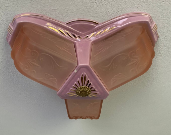 1920's Flush Mount Slip Shade Ceiling Fixture, Rare Lavender 3 Light, Restored, Porcelain with Lavender Glass Slipper Shades, Porcelier