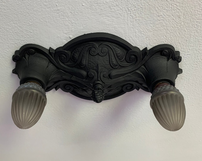 Flush Mount Ceiling Light Fixture, 1910's Cast Aluminum, Rewired and Restored, Charcoal Black