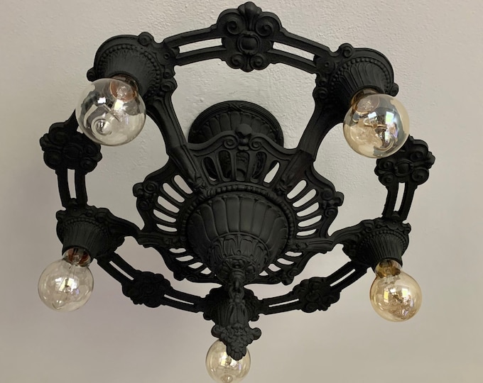Antique Semi-Flush Mount 1910's Heavy Cast Iron Ceiling Light, Large, Charcoal Black, Rewired, Low Profile Short Ceiling, Markel
