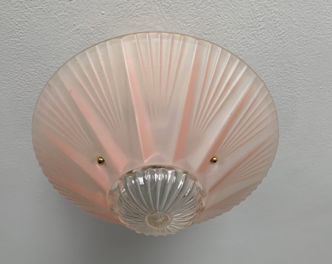 Antique 3 Chain Semi Flush Ceiling Light, 1930's Pink Art Deco with Clear Center, Rewired and Ready to Install