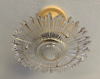 Petite Vintage 3 Chain Semi Flush Ceiling Light, 1930's, Clear Starburst Glass Bowl, Ready to Install
