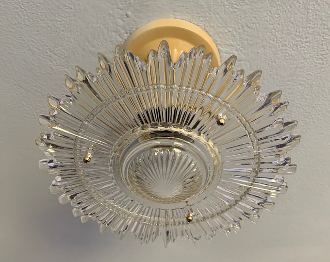 Petite Vintage 3 Chain Semi Flush Ceiling Light, 1930's, Clear Starburst Glass Bowl, Ready to Install
