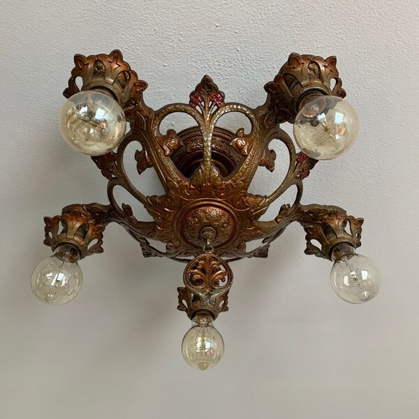 1914  Semi Flush Mount Light Fixture, Cast Aluminum Original Bronze Decor with Red/Green Accents, Rewired and Ready to Instal