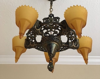 Slip Shade Chandelier Ceiling Fixture, Cast Iron with Serpents, Art Deco, Sunset Amber Glass Shades, Original Decor