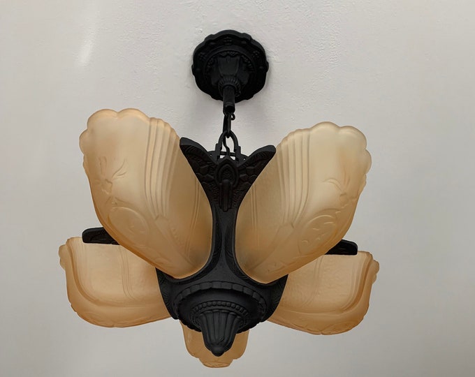 Antique Slip Shade Chandelier, Embossed White Stain Glass Shades on Charcoal Black, 1905/07 Heavy Cast Iron, Rewired/Ready to Install