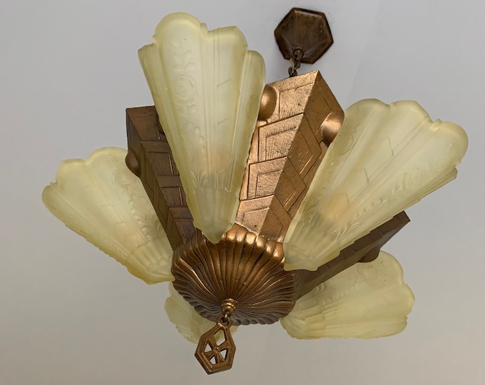 Hanging Slip Shade Chandelier Ceiling Fixture with Vaseline Glass, Restored/Rewired, Original Decor