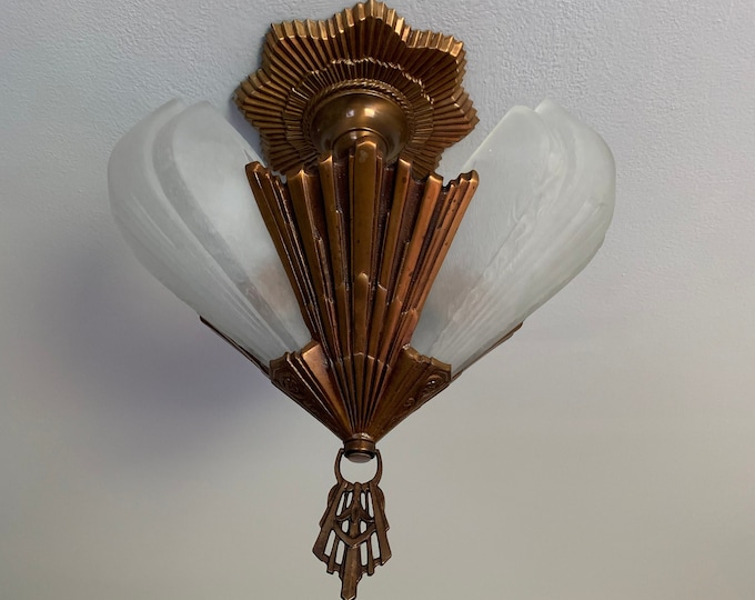 1910s Antique 3 Bulb Slip Shade Semi Flush Chandelier, Rewired/ Restored, JD Virden