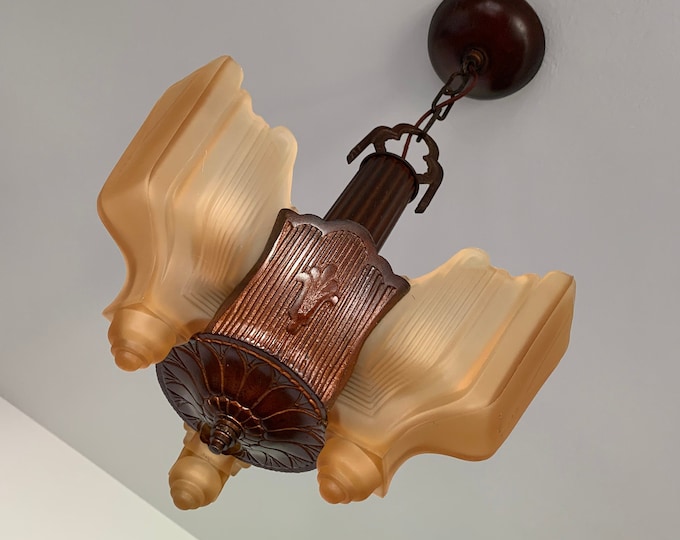 Antique Hanging Slip Shade Ceiling Fixture, 1910's Cast Iron 3 Light, Rewired, Original Bronze Decor, Patina