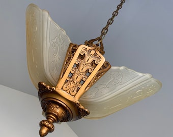 Antique Hanging 3 Bulb Slip Shade Chandelier, 1920's Cast Iron Art Deco, Rewired/Restored, Moe Bridges, Satin Amber Vaseline Glass Shades