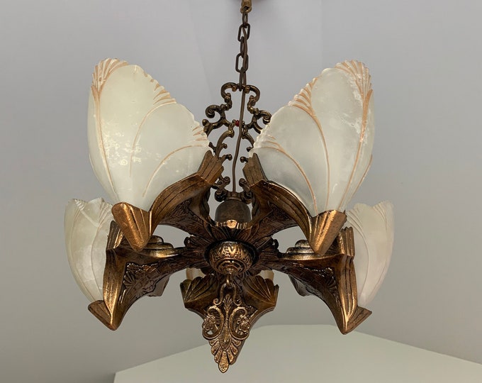 Batwing Slip Shade Hanging Chandelier, 1920's 5 Bulb Ceiling Fixture, Retouched/Restored/Rewired Ready to Install