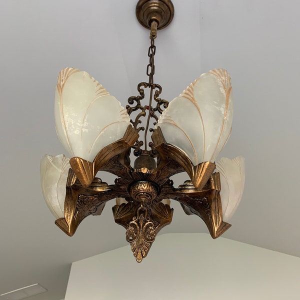 Batwing Slip Shade Hanging Chandelier, 1920's 5 Bulb Ceiling Fixture, Retouched/Restored/Rewired Ready to Install