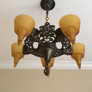 Slip Shade Chandelier Ceiling Fixture, Cast Iron with Serpents, Art Deco, Sunset Amber Glass Shades, Original Decor