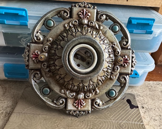 Antique Flush Mount Ceiling Light Fixture, 1910's Single Bulb, Original Nickel Decor with Multi-Color Accents, Riddle Company