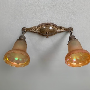 Antique Flush-mount 2 Bulb Fixture with Amber Carnival Glass, Late 1890, Original Decor, Ready to Install