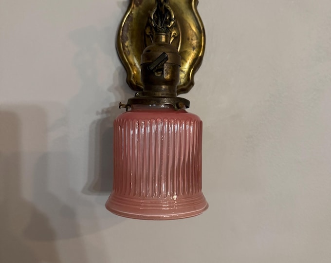 1907 Antique Pressed Brass Wall Sconce, Original Decor with Pink Glass Shade, On/Off Rotary Switch, Rewired and Ready to Install