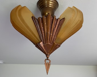 Antique 3 Bulb Semi-Flushmount Slip Shade Chandelier, 1910's Cast Iron, Rewired/ Restored, JD Virden