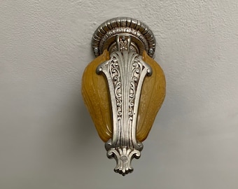 Slip Shade Semi Flush Chandelier, 1910's Sigle Bulb with Two Glass Shades, Rewired/Restored, Honey Amber Embossed Satin Glass Shades, Riddle