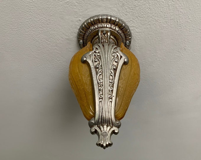 Slip Shade Semi Flush Chandelier, 1910's Sigle Bulb with Two Glass Shades, Rewired/Restored, Honey Amber Embossed Satin Glass Shades, Riddle