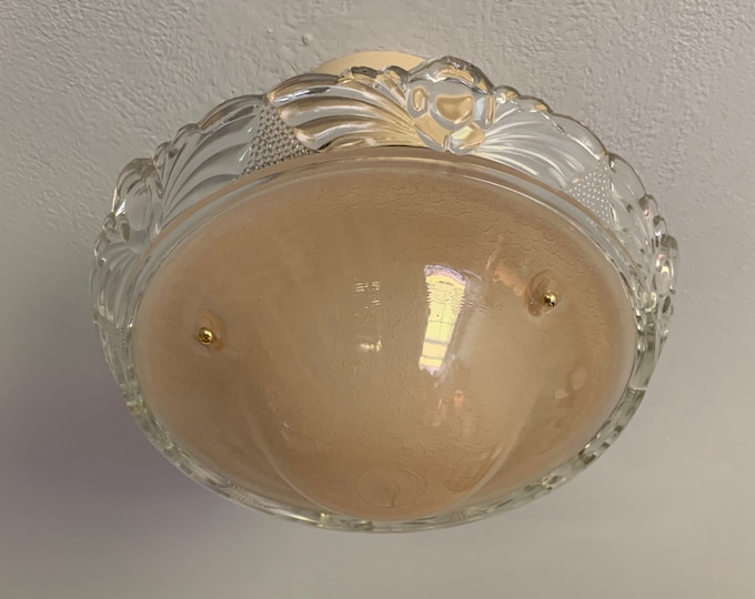 3 Chain Semi Flush Ceiling Light, 1930's, Beige Glass Bowl with Clear Surround, Ready to Install