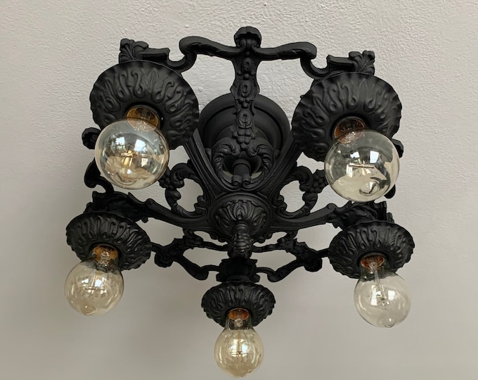 Cast Iron Semi Flush Antique Ceiling Fixture, Rewired, 1910's, Charcoal Black, LaCo