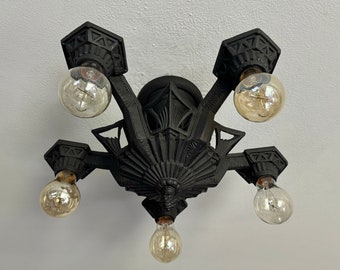 1920's Semi Flush Ceiling Fixture, Art Deco Antique Lighting, 5 Bulb Rewired and Refinished in Charcoal Black, Living Room Kitchen