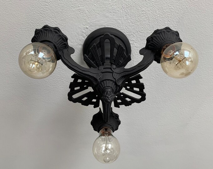 1907 Semi Flush Ceiling Fixture, Antique Lighting, Rewired and Refinished Charcoal Black, Living Room, Kitchen, Halcolite