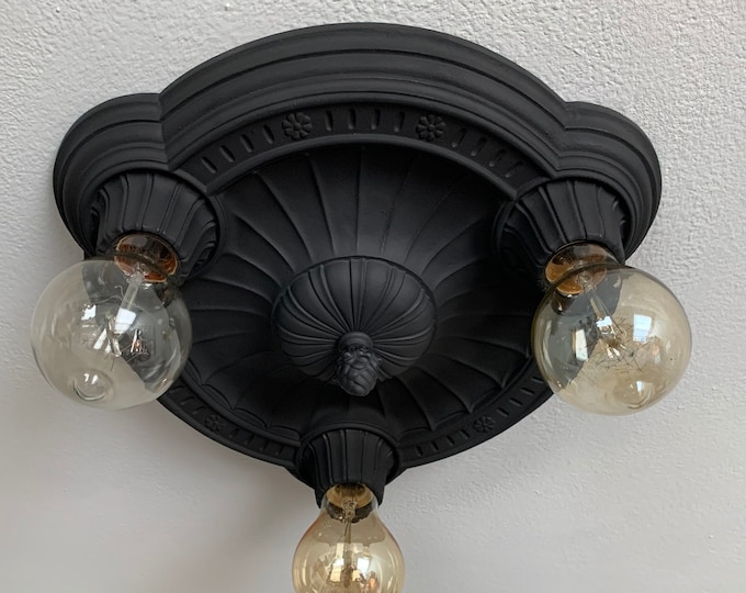 Antique Heavy Cast Iron Flush Mount Ceiling Fixture, 1910's Three Bulb, Charcoal Black, Ready to Install