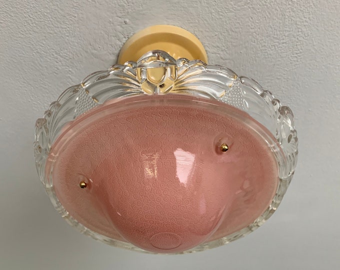 3 Chain Semi Flush Ceiling Light, 1930's, Pink Glass Bowl with Clear Surround, Ready to Install