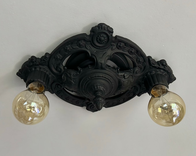 Antique Flush Mount 2 Light Ceiling Fixture, 1910's Cast Iron, Charcoal Black, Rewired and Ready to Install, Champion
