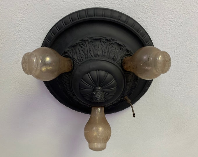 Antique Flush Mount Ceiling Fixture, 1910's Cast Lead Three Bulb with On/Off Pull Switch, Refinished Charcoal Black