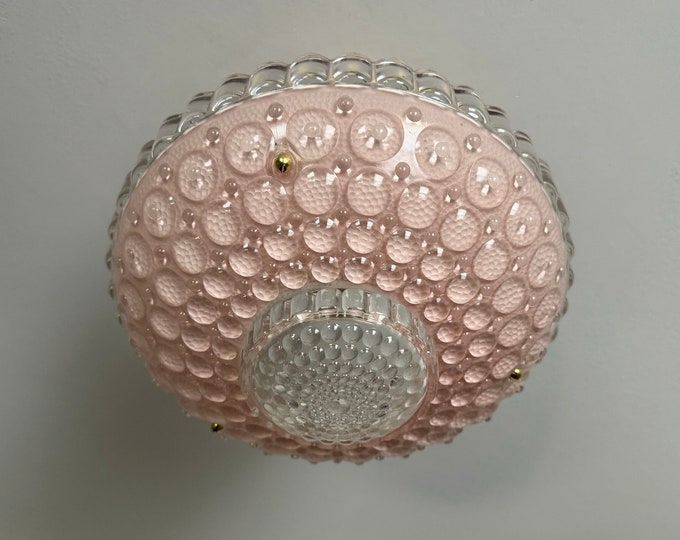 Vintage Lighting 3 Chain Semi Flush Ceiling Light, 1930's Soft Pink Bubble Glass, Rewired and Ready to Install