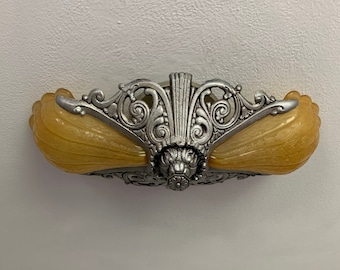 2 Bulb Slip Shade Semi Flush Chandelier, 1910's, Rewired/Restored, Honey Amber Embossed Satin Glass Shades, Riddle Company