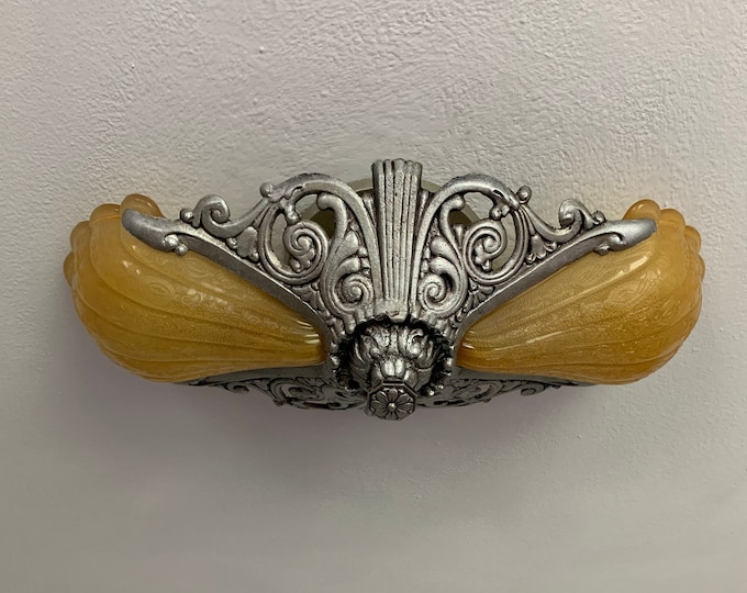2 Bulb Slip Shade Semi Flush Chandelier, 1910's, Rewired/Restored, Honey Amber Embossed Satin Glass Shades, Riddle Company